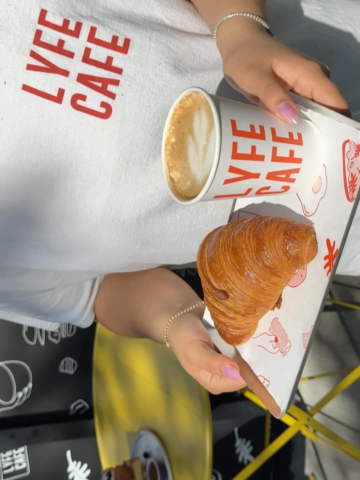 LYFE CAFE tee with latte and croissant