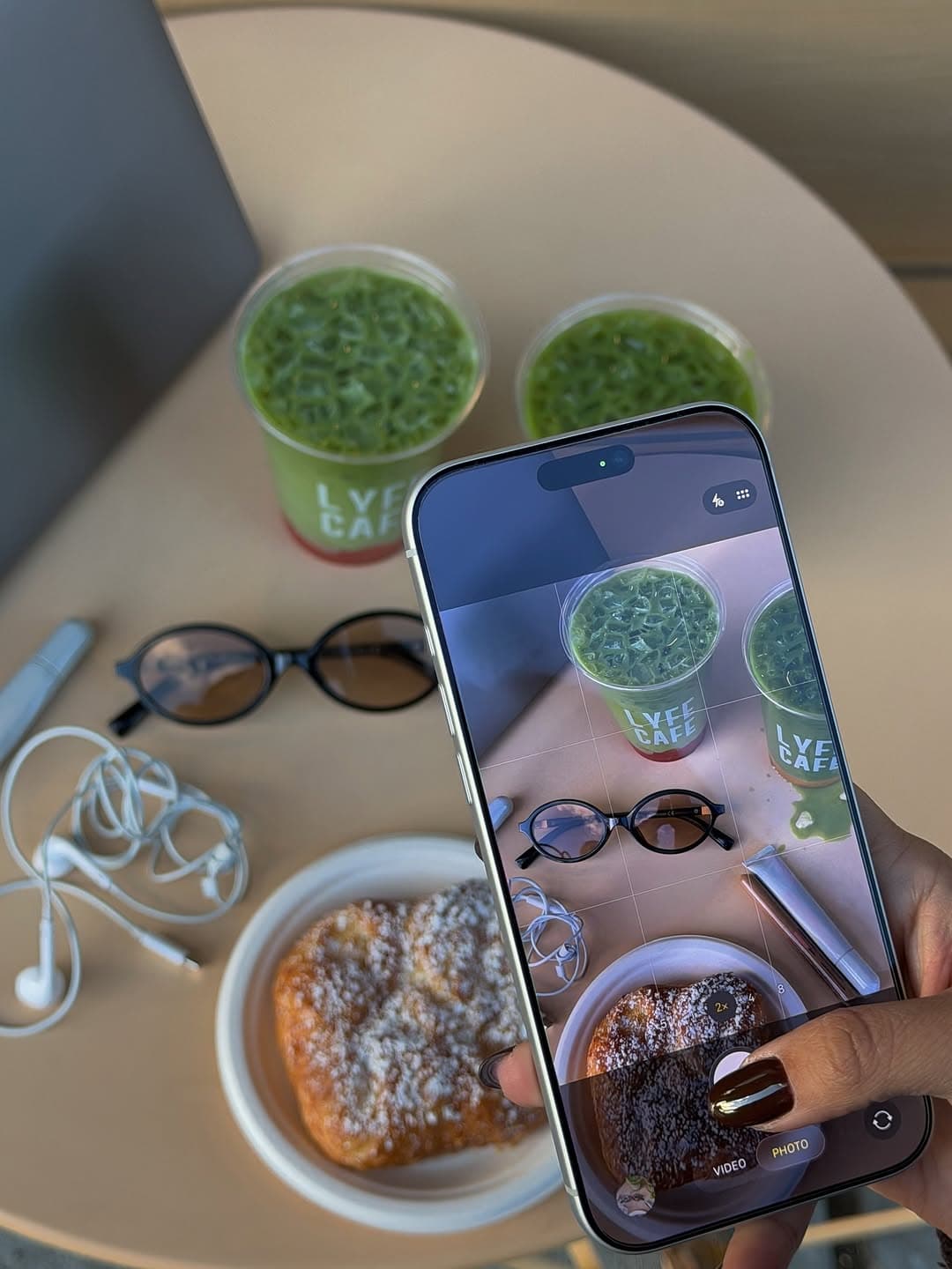 Photographing matcha drinks at Lyfe Cafe